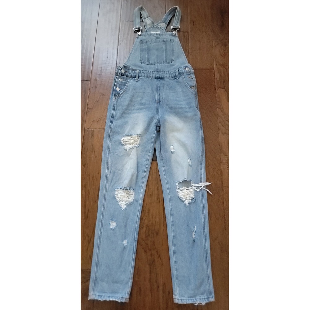 TNR Women's Overalls Distressed Blue Denim‎ Jumpsuit Jeans Size S 29.5 Inseam